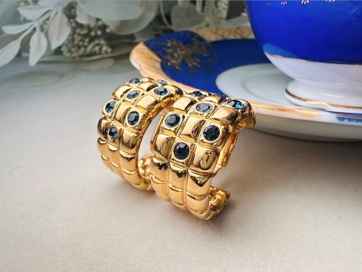 Gold Huggie Hoop Earrings with Blue Rhinestones, 1980s Vintage Textured Half Hoop Earrings