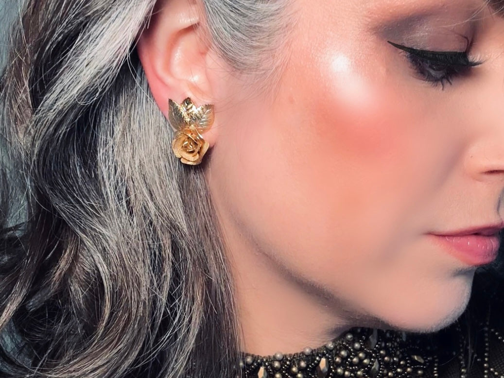 Gold Rose Earrings, Vintage 1960s Clip On Earrings, Sculptural Gold Leaf Bridal Mesh Rose MCM 60's Clip Earrings, Designer Signed Judy Lee Vintage Earrings from Piggle and Pop