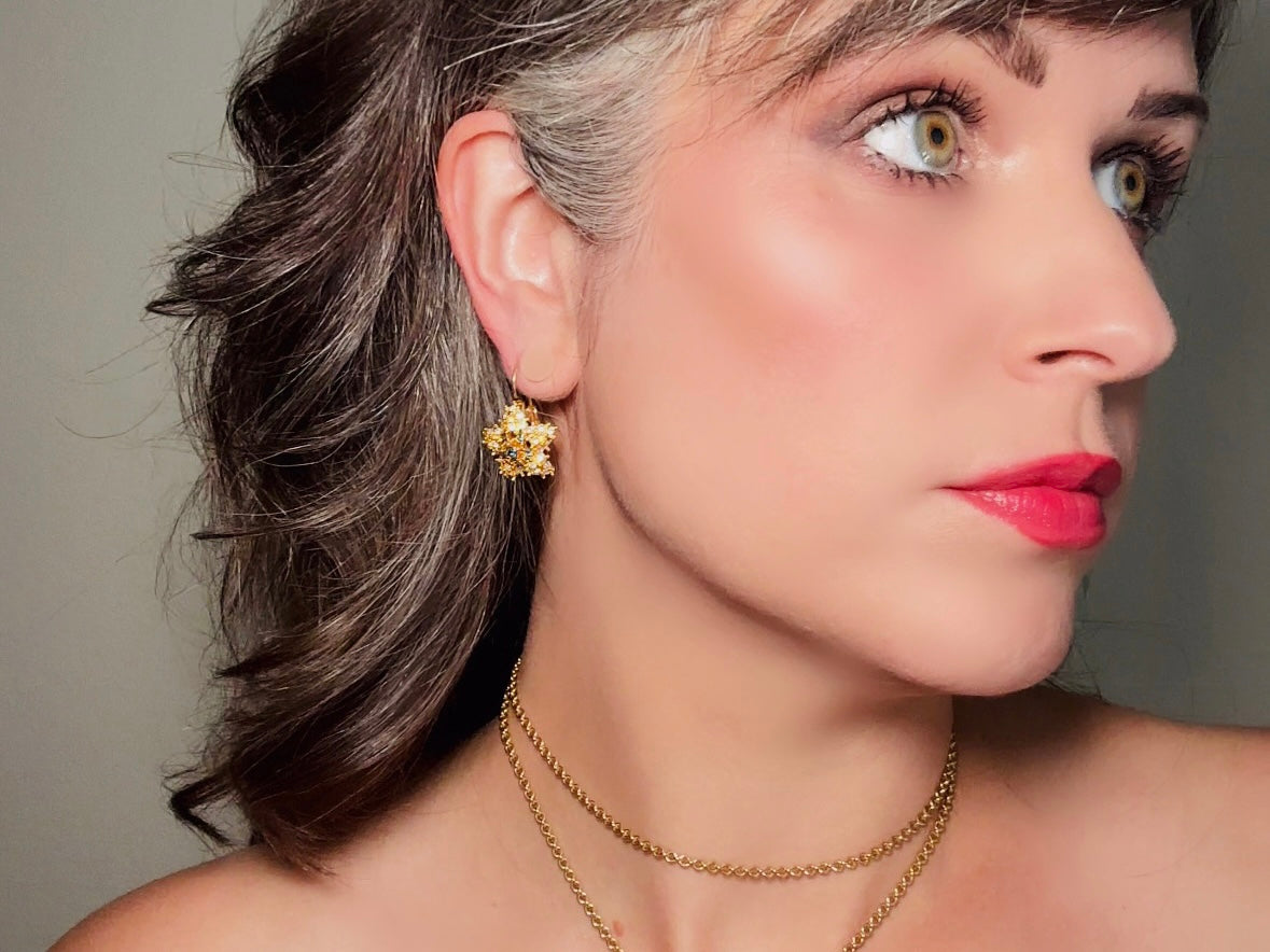 Gold Star Earrings with Sapphire and Diamond Crystals, Vintage Nolan Miller Leverback Celestial Earrings, Sparkling Holiday Jewelry