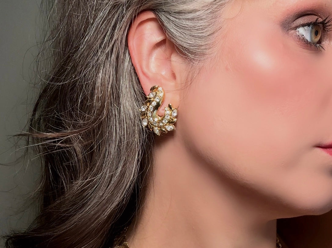 Gold Vintage Avon Crystal Earrings, Dimensional Marquise Rhinestone Studded Paisley Swirl