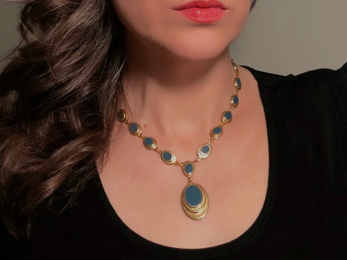Gold and Blue Y Necklace, Vintage Goldette 1970s Gold Link Necklace with Muted Blue Enamel