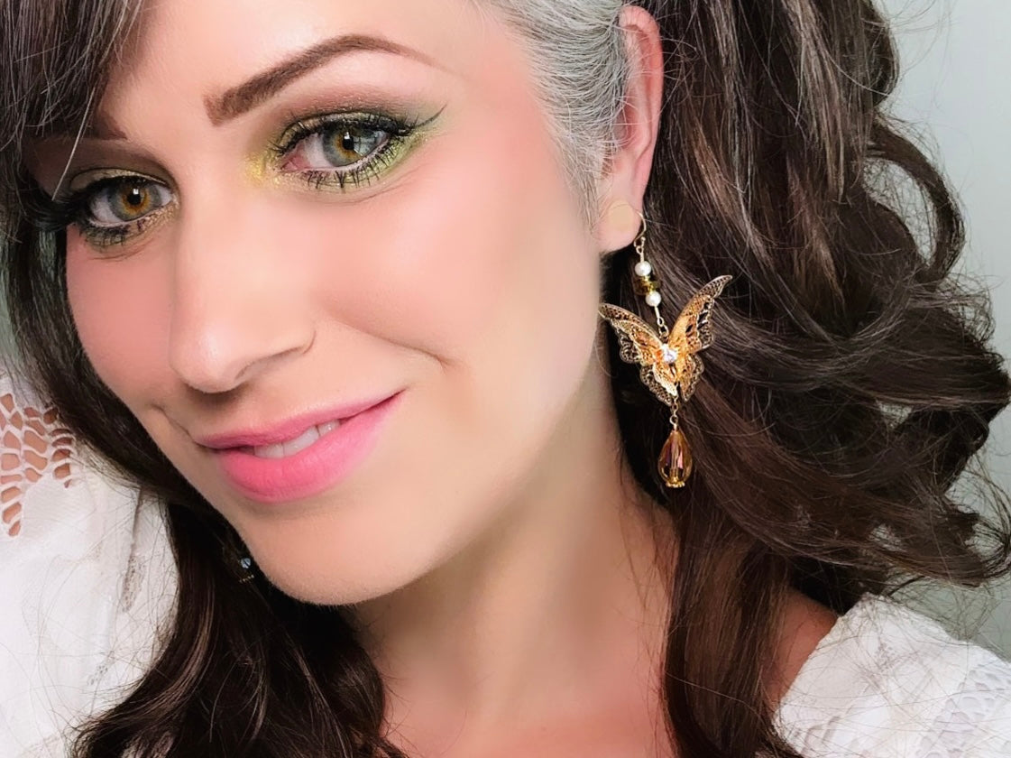 styling ideas Gorgeous Handmade Golden Butterfly Earrings, 14kt Gold Crystal and Pearl Faerie Wedding Earrings from Piggle and Pop Original