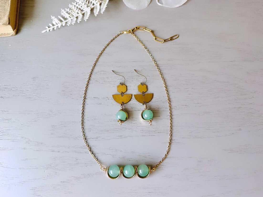 Green Aventurine + Raw Brass Necklace, Green Gemstone Triple Bead Half Moon Brass Frame Minimalist Sleek Stone 14kt Gold Handmade Necklace by Piggle and Pop
