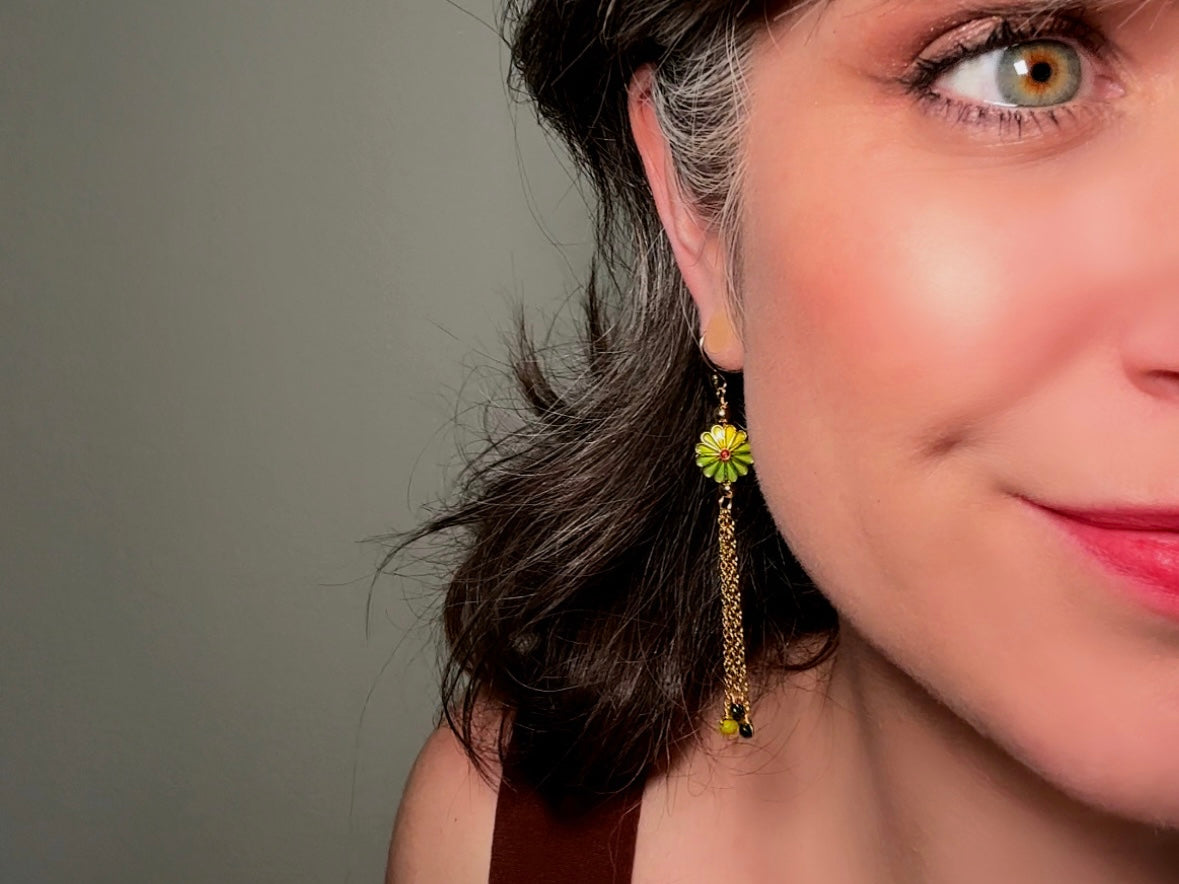 Green Daisy Earrings, Handmade Lime Gerbera Flowers with Shimmering 18k Gold Tassels modelled by creator Bethan Jayne