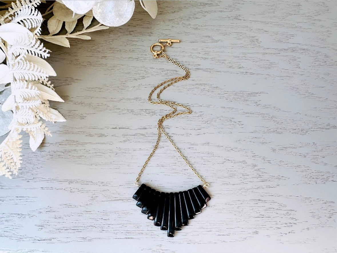 Handmade Black Onyx Graduated Fan Necklace, 18Kt Gold + Onyx Gemstone