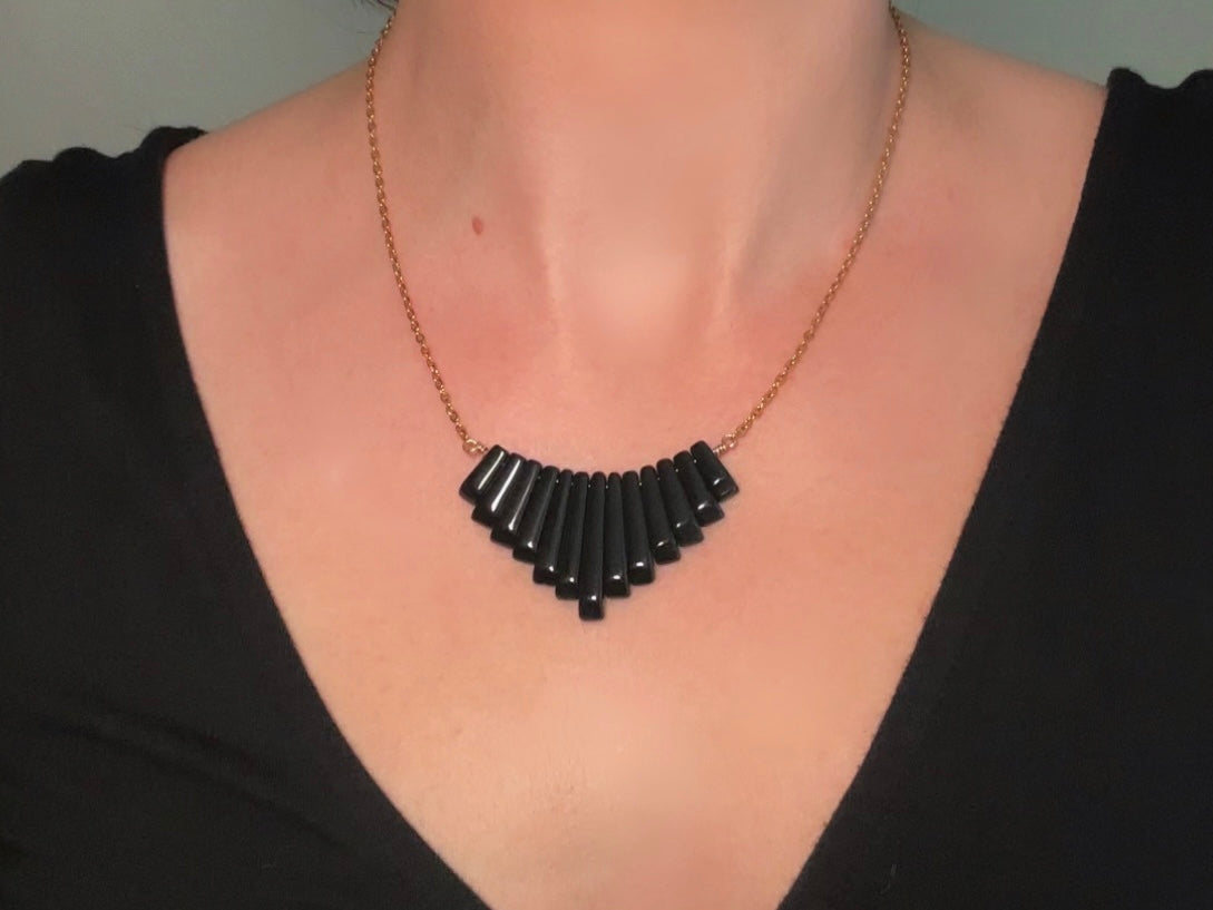 Handmade Black Onyx Necklace, 18Kt Gold + Onyx Focal Necklace, Simple Black Gemstone Graduated Fan Necklace