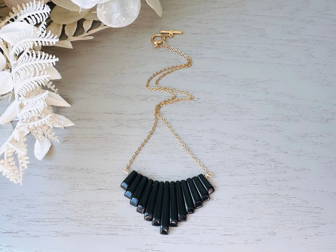 Handmade Black Onyx Graduated Fan Necklace, 18Kt Gold + Onyx Gemstone close up