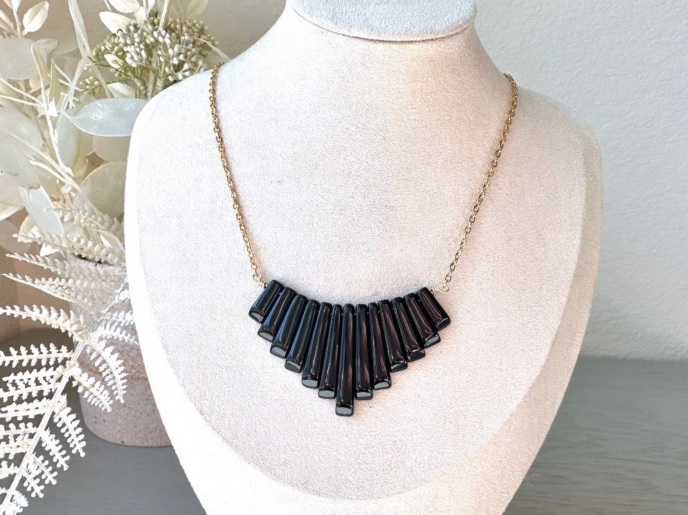 Handmade Black Onyx Necklace, 18Kt Gold + Onyx Focal Necklace, Simple Black Gemstone Graduated Fan Necklace