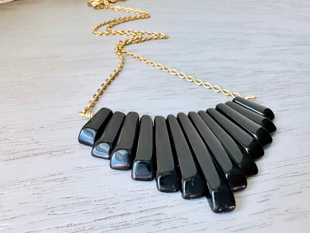 Handmade Black Onyx Necklace, 18Kt Gold + Onyx Focal Necklace, Simple Black Gemstone Graduated Fan Necklace