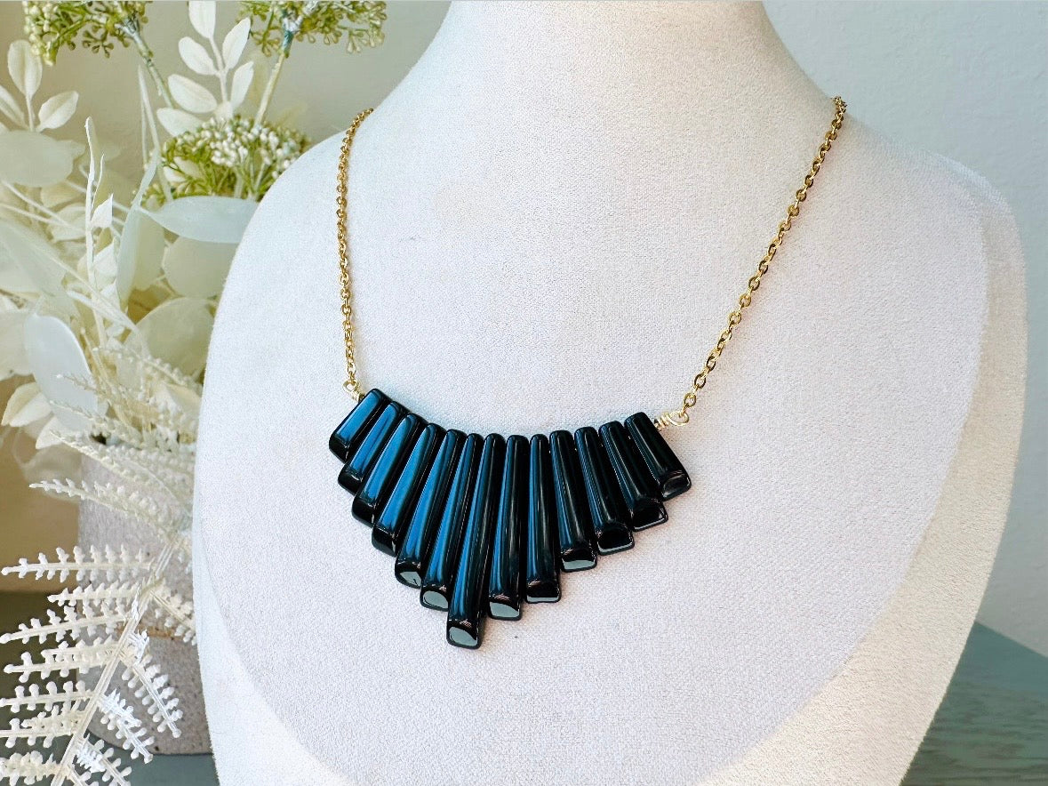 Handmade Black Onyx Necklace, 18Kt Gold + Onyx Focal Necklace, Simple Black Gemstone Graduated Fan Necklace