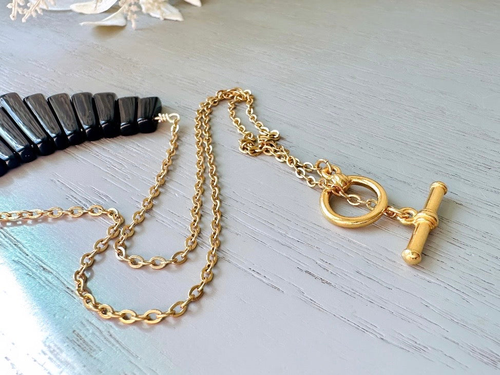 Handmade Black Onyx Necklace, 18Kt Gold + Onyx Focal Necklace, Simple Black Gemstone Graduated Fan Necklace