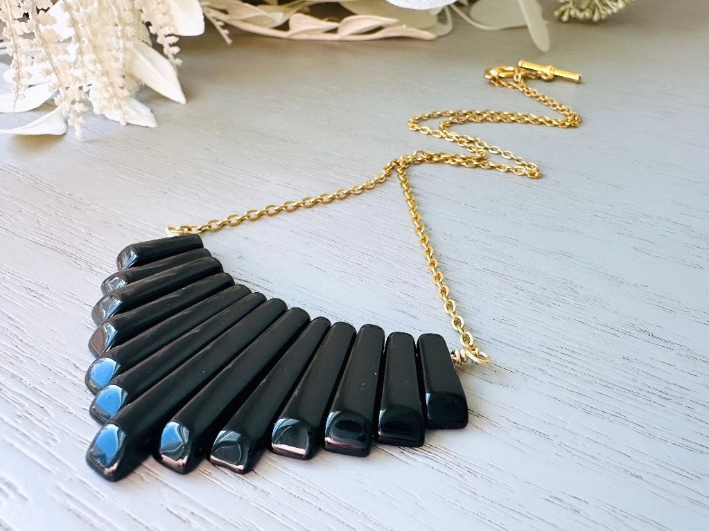 Handmade Black Onyx Necklace, 18Kt Gold + Onyx Focal Necklace, Simple Black Gemstone Graduated Fan Necklace