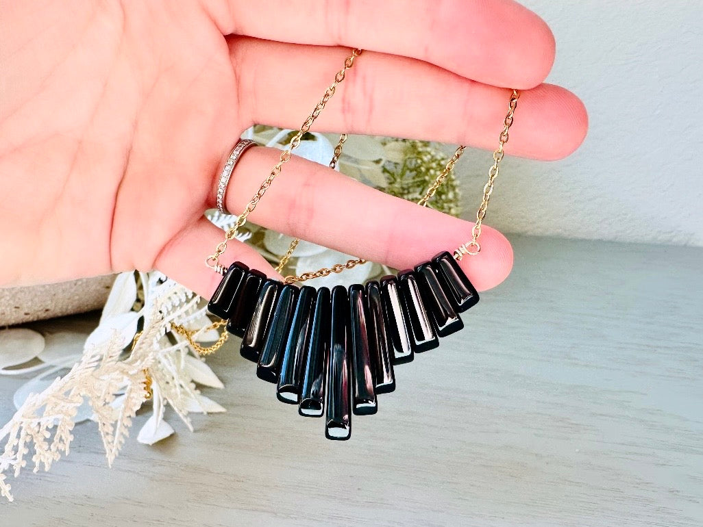 Handmade Black Onyx Necklace, 18Kt Gold + Onyx Focal Necklace, Simple Black Gemstone Graduated Fan Necklace