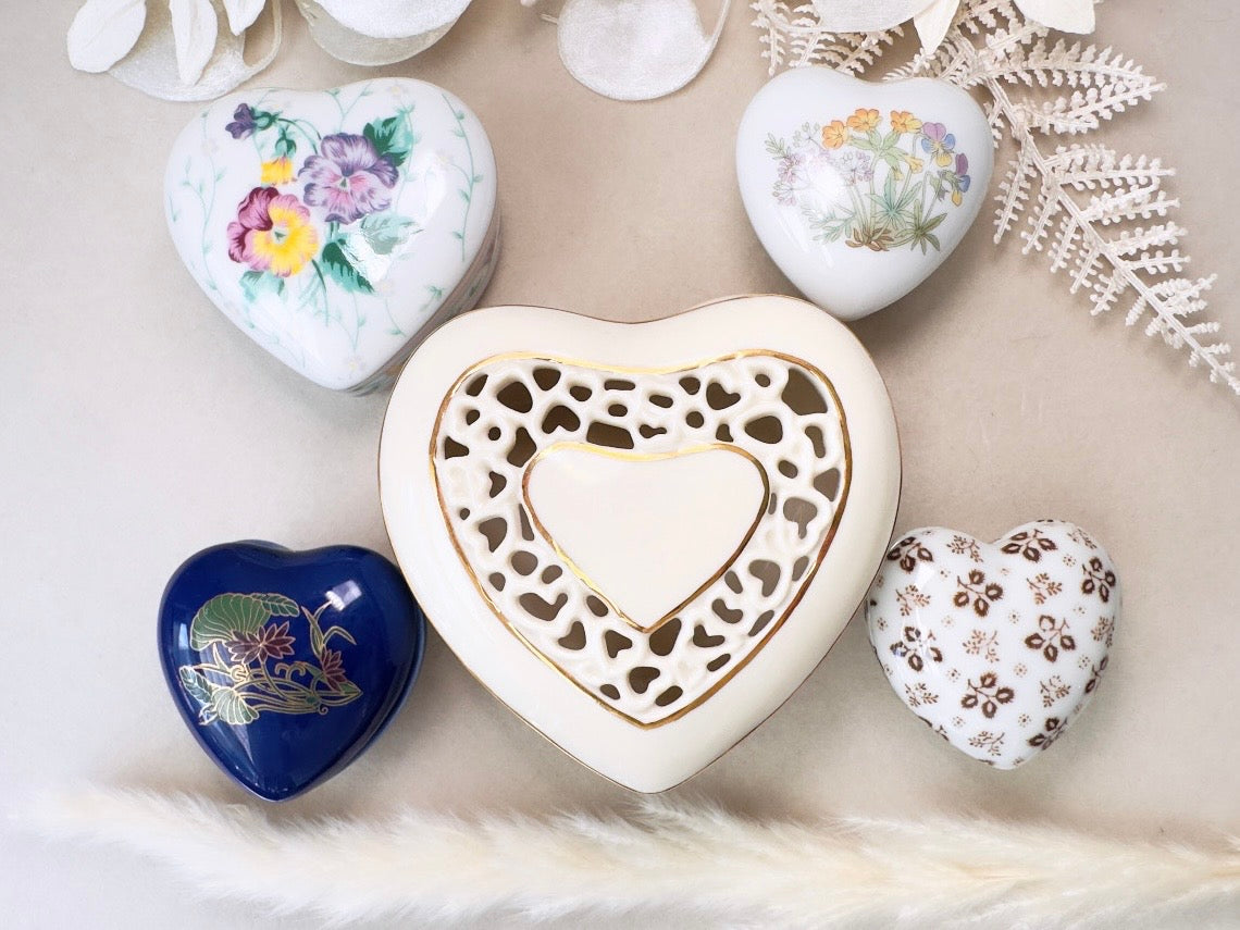 Heart Jewelry Box, Vintage Milk Glass Japanese Trinket Box, White Porcelain Fine China with Brown Flowers