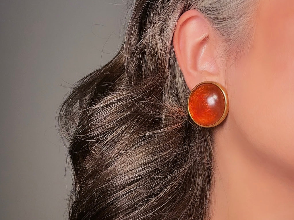 Joan Rivers Vintage Earrings, Glowing Faux Amber and Gold Statement Earrings, Domed Lucite Clip Ons
