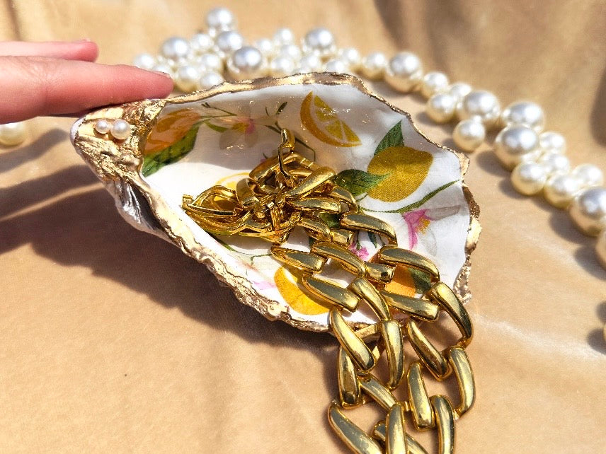 Lemon Trinket Dish, Handmade Oyster Shell Coastal Jewelry Holder with Pearls