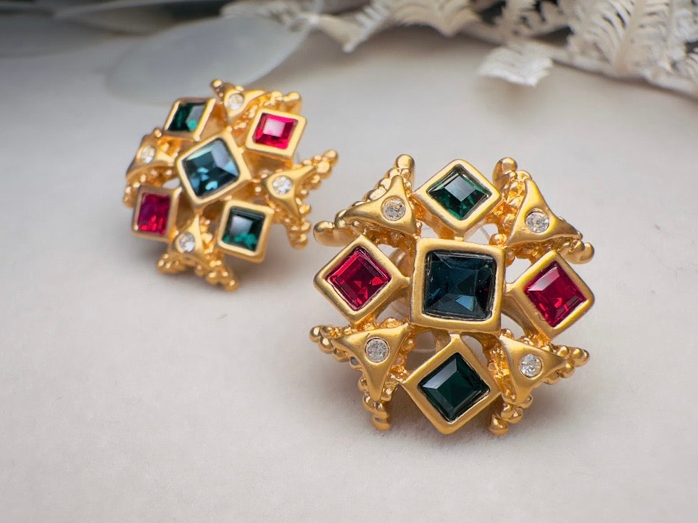 Maltese Cross Earrings, Vintage Etruscan Revival Gold Earrings with Green, Blue and Red Crystals
