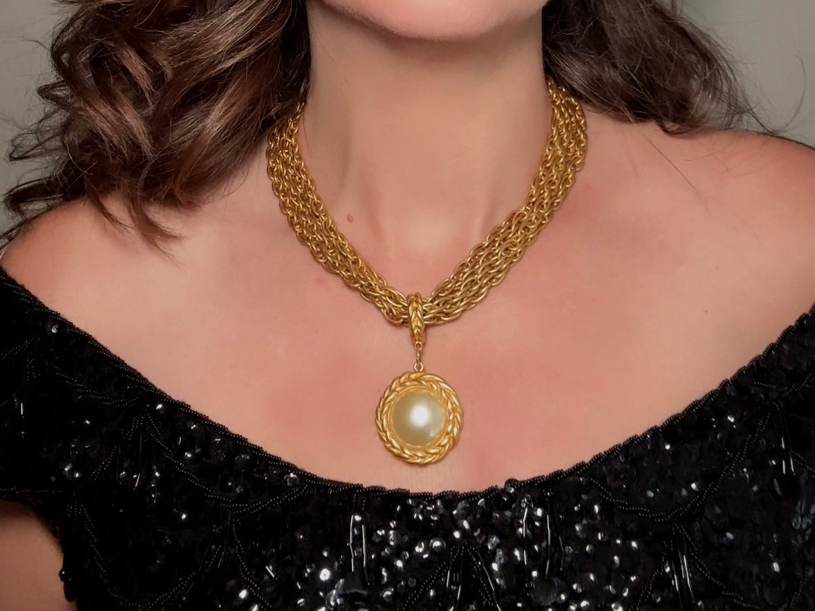 Matte Gold Chain Necklace with Pearl Pendant, Vintage Etruscan Multistrand Necklace by Premier Designs