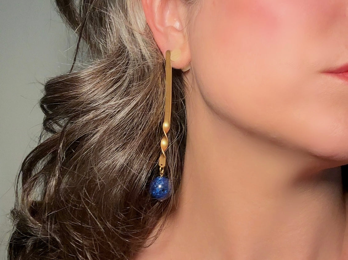 Matte Gold Drop Earrings with Lapis Blue Stone, Unique Extra Long Vintage Dangle Earrings