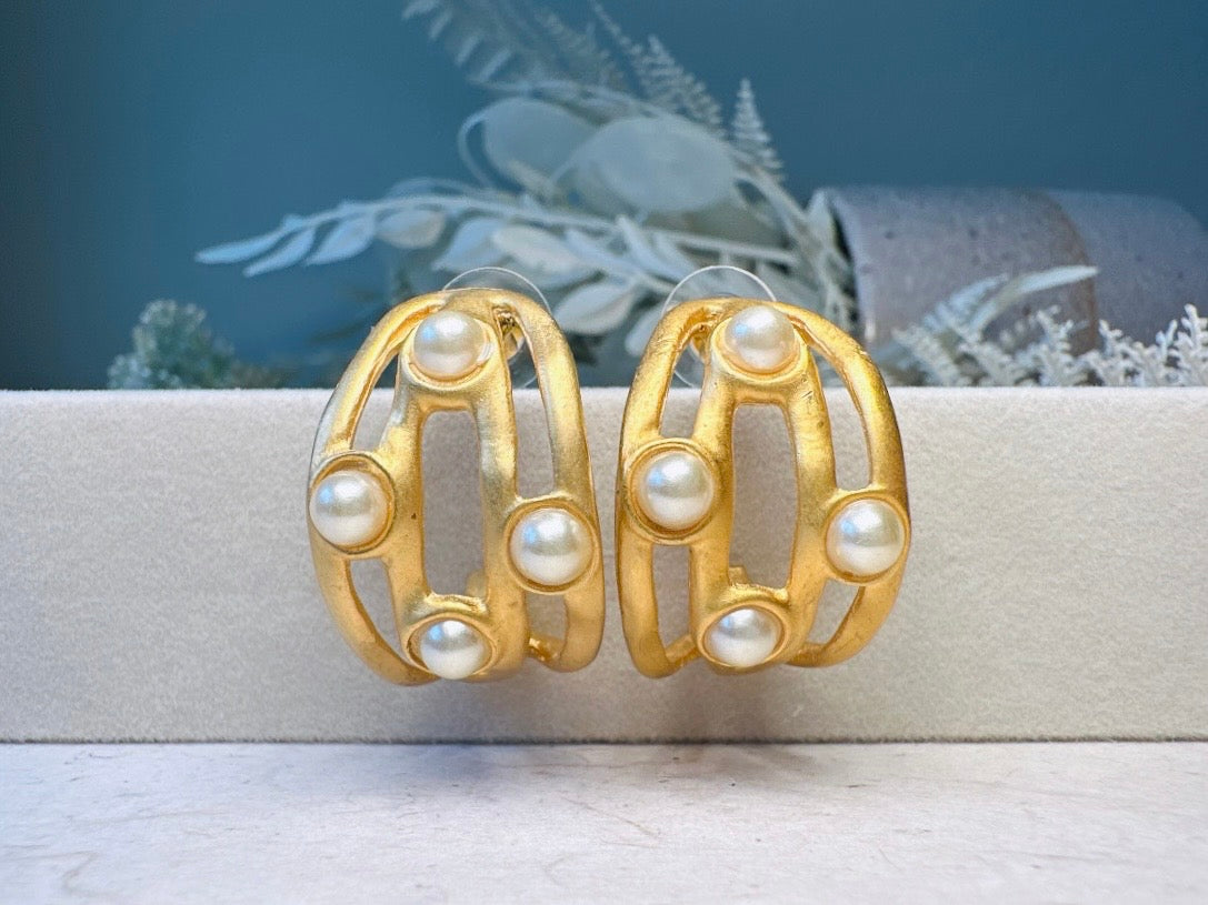 Matte Gold Etruscan Open Work Huggie Half Hoop Earrings with Pearl Cabochons, Vintage Pierced Earrings