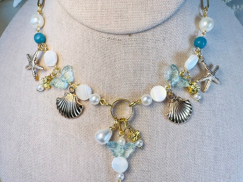 Mermaid Charm Necklace, Whimsical Handmade Necklace with Starfish, Seashells, Pearls and Shell