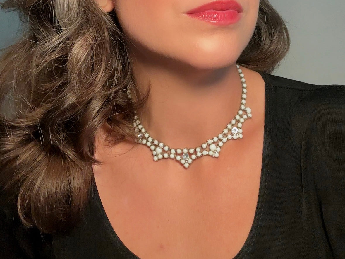 Milk Glass Choker Necklace, Art Deco Vintage Silver Necklace with Prong Set Rhinestones and Glass