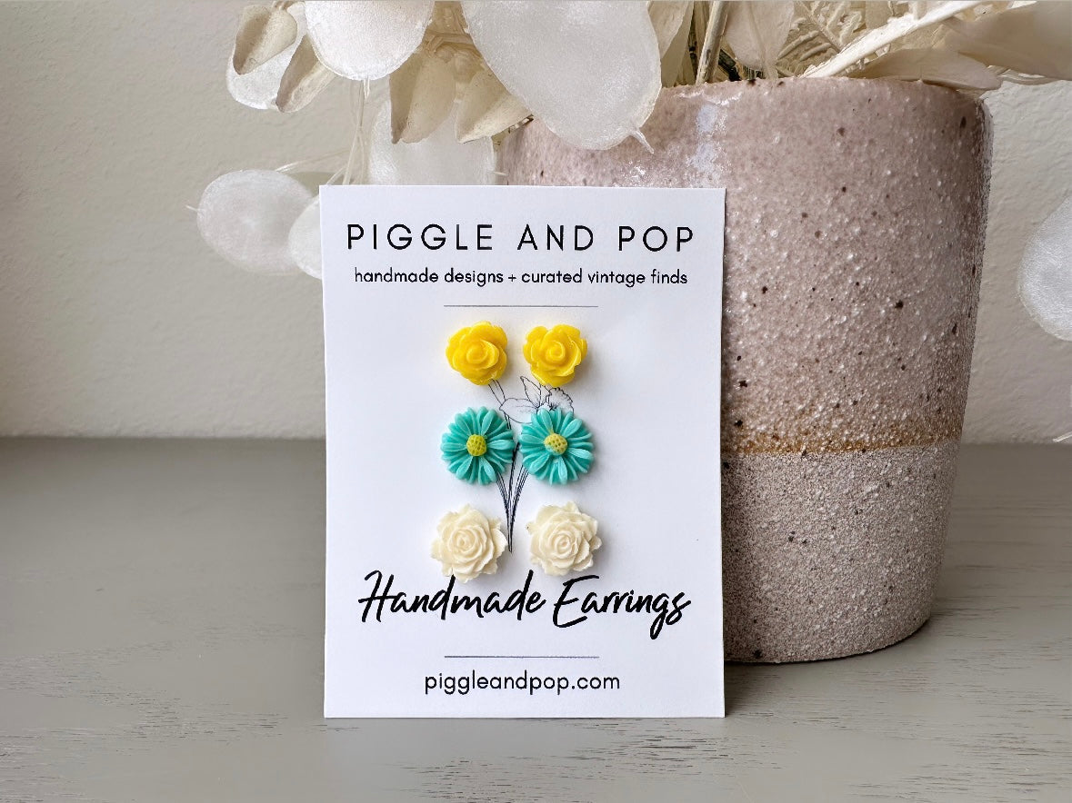 Mint + Yellow Flower Stud Earring Set, Floral Post Earrings, Mint Gerber Daisy Earrings, Yellow Rose Earrings, Hypoallergenic Posts + Backs handmade by Piggle and Pop