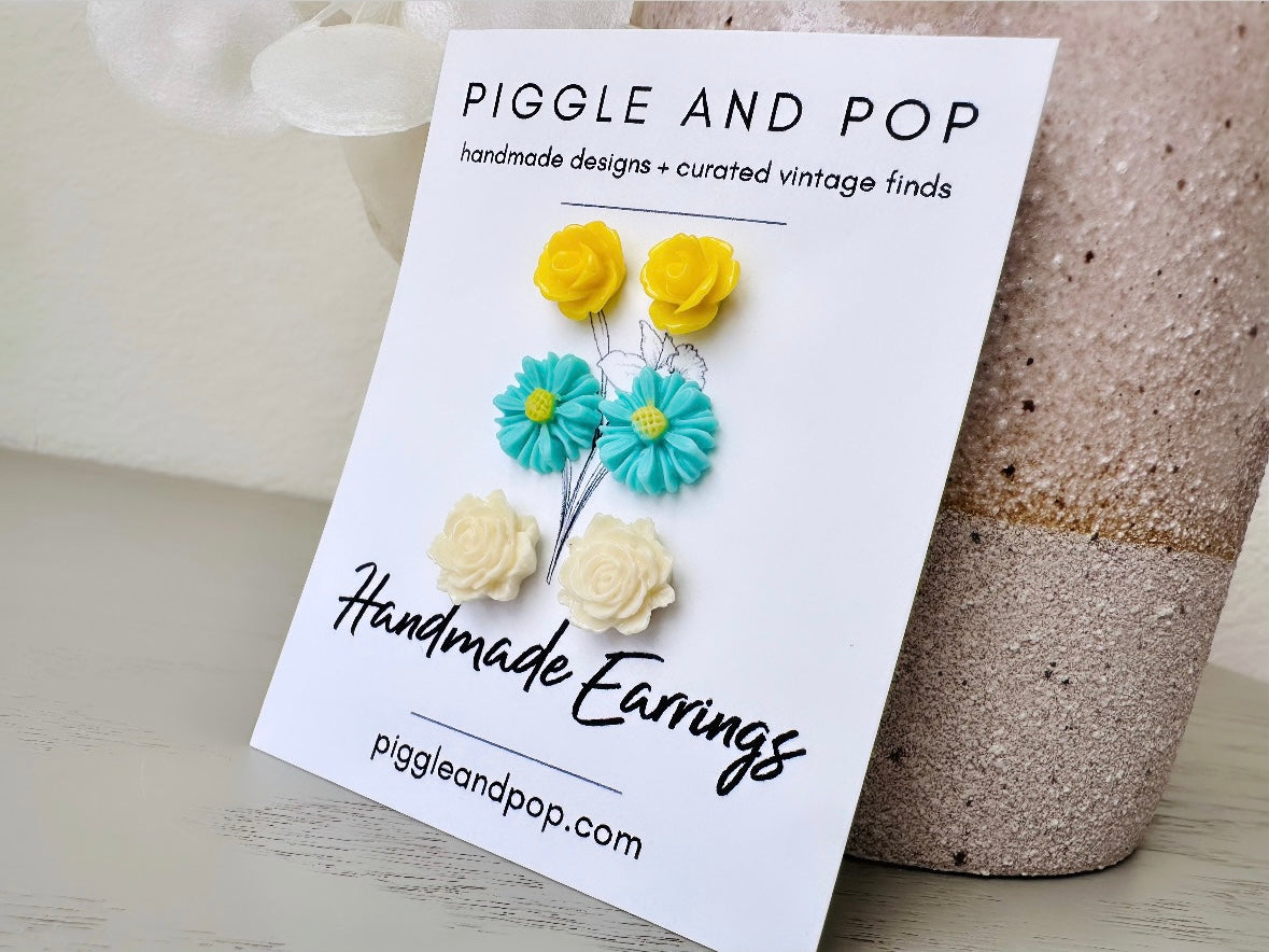 Mint + Yellow Flower Stud Earring Set, Floral Post Earrings, Mint Gerber Daisy Earrings, Yellow Rose Earrings, Hypoallergenic Posts + Backs handmade by Piggle and Pop