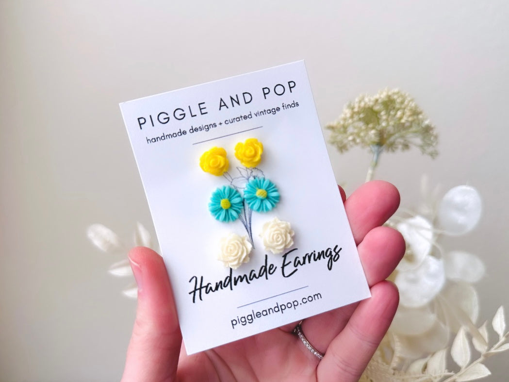 Mint + Yellow Flower Stud Earring Set, Floral Post Earrings, Mint Gerber Daisy Earrings, Yellow Rose Earrings, Hypoallergenic Posts + Backs handmade by Piggle and Pop