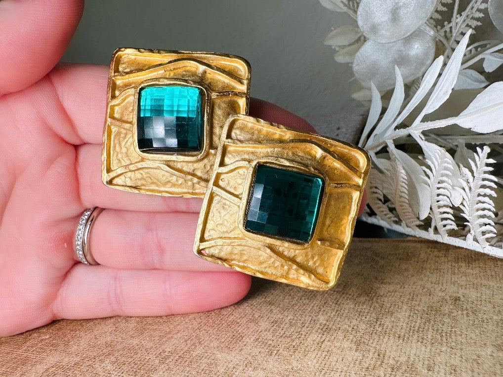 Oversized Vintage Square Earrings, Gold and Emerald Green Rhinestone Clip Ons, Big Matte Gold Etruscan Earrings