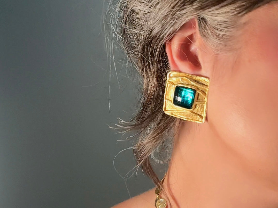 Oversized Vintage Square Earrings, Gold and Emerald Green Rhinestone Clip Ons, Big Matte Gold Etruscan Earrings