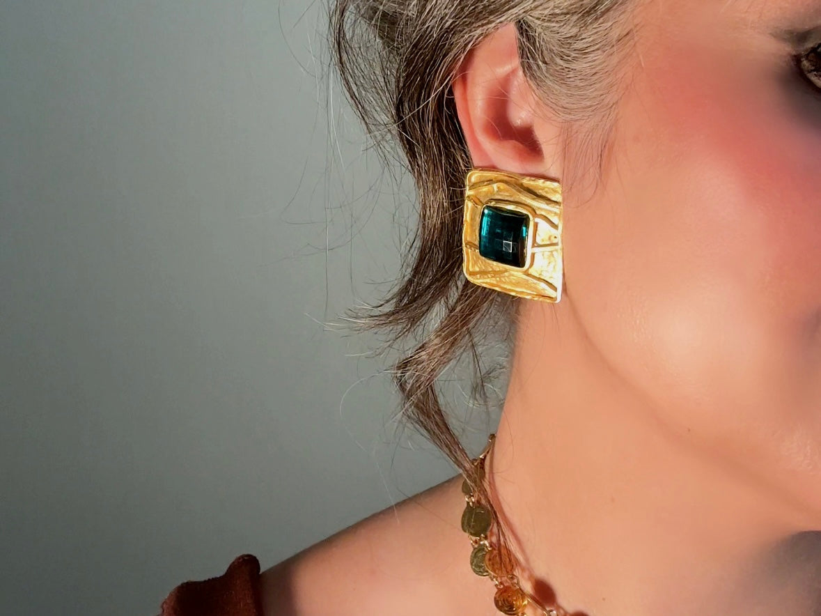 Oversized Vintage Square Earrings, Gold and Emerald Green Rhinestone Clip Ons, Big Matte Gold Etruscan Earrings