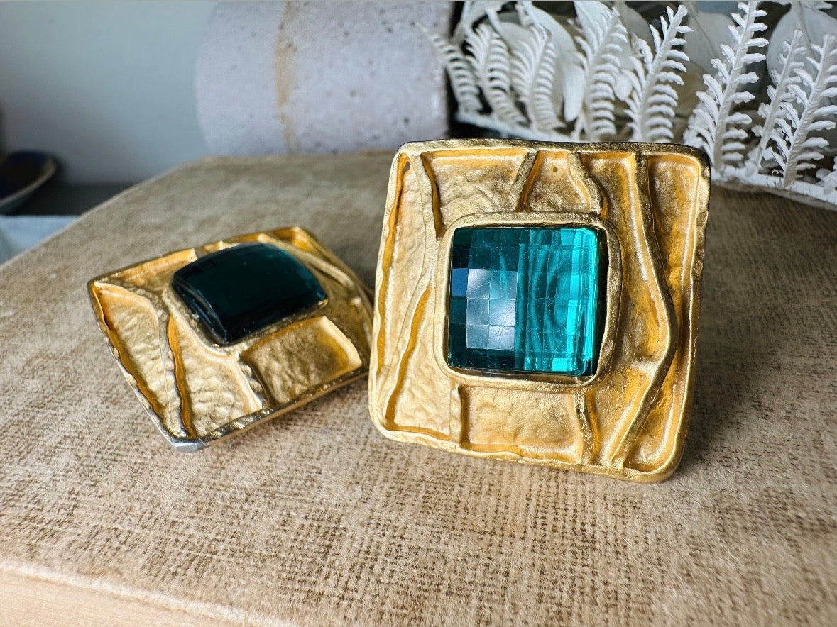 Oversized Vintage Square Earrings, Gold and Emerald Green Rhinestone Clip Ons, Big Matte Gold Etruscan Earrings