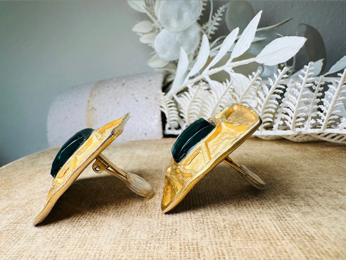 Oversized Vintage Square Earrings, Gold and Emerald Green Rhinestone Clip Ons, Big Matte Gold Etruscan Earrings