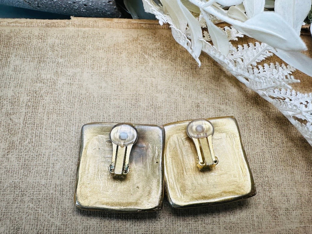 Oversized Vintage Square Earrings, Gold and Emerald Green Rhinestone Clip Ons, Big Matte Gold Etruscan Earrings