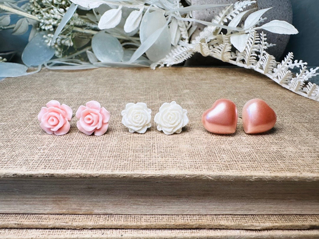 Pink Flower and Heart Earrings Set, Floral Earring Gift for Girls, Hypoallergenic Surgical Steel Post Earrings