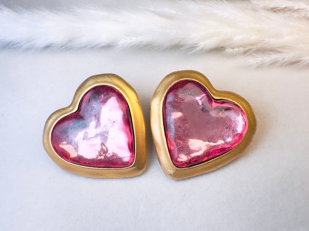 Pink Heart Earrings, Oversized Vintage Gold Heart Statement Earrings, Textured Lucite and Matte Gold Foil Back 80s Pierced Post Earrings