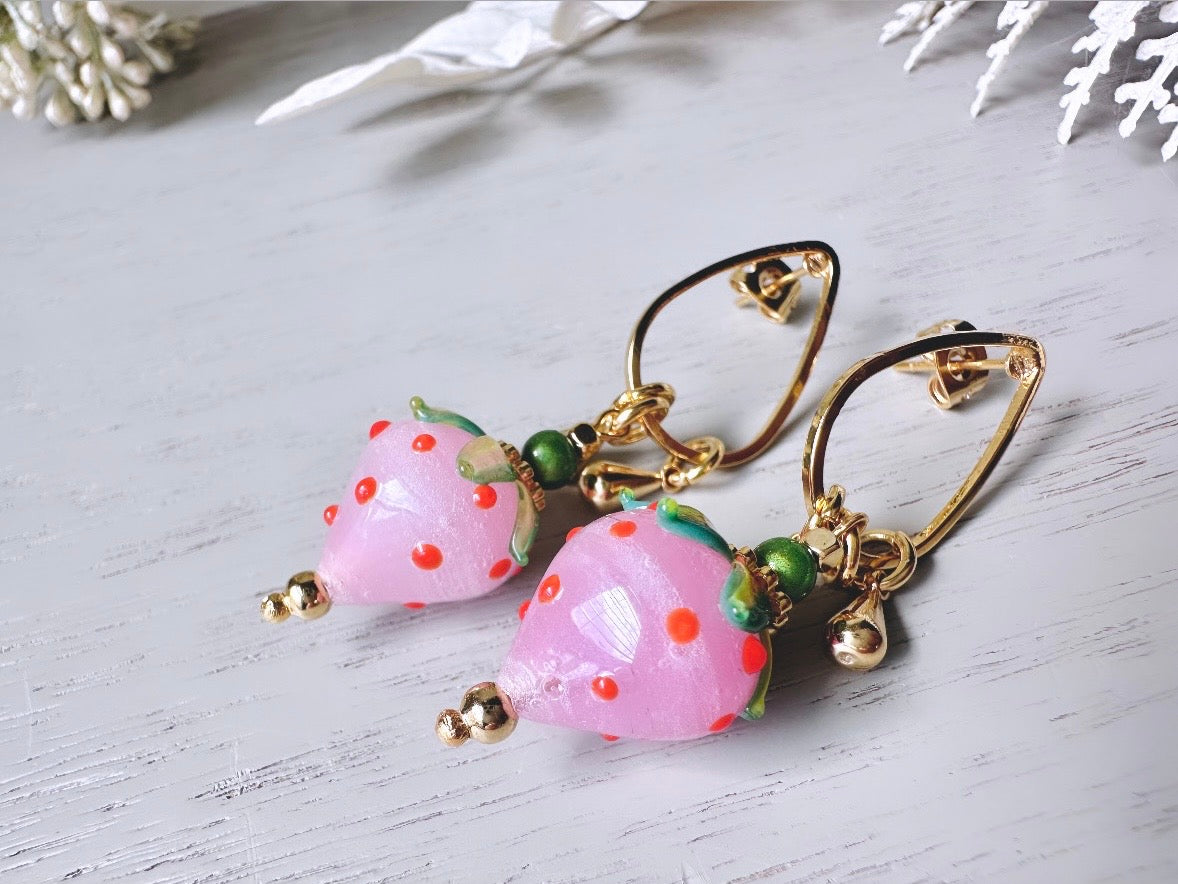 Strawberry Earrings, Original Handmade 24k Gold + Murano Glass Earring, Unique Fruit Charm Earrings, Glass Strawberry Earrings Pink or Red from Piggle and Pop