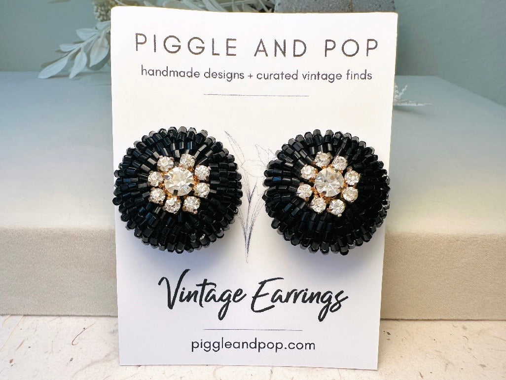 Rare 1960s Vintage Beaded Statement Earrings, Black Glass and Rhinestone Glam Clip On Earrings
