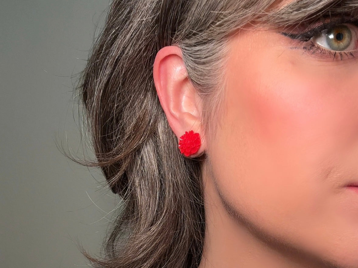 Red Flower Earrings, Handmade Floral Cabochon Resin Stud Earrings with Hypoallergenic Posts