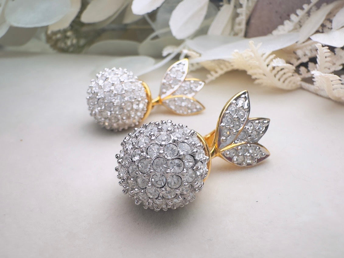 Rhinestone Drop Earrings, Pave Crystal Disco Ball Silver and Gold Glam Vintage Clip On Earrings