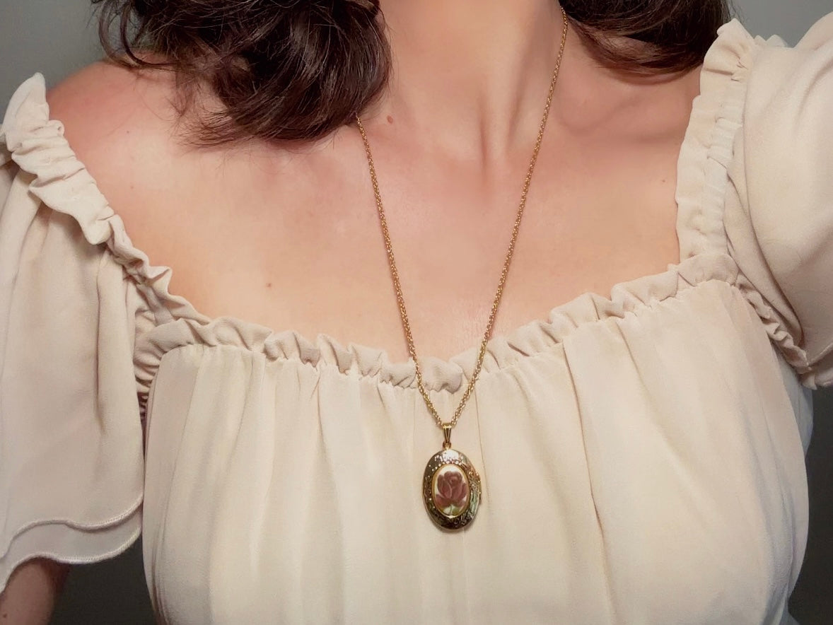 Rose Locket Necklace, Vintage Gold Chain Necklace with Burgundy Flower Cameo, Dark Academia Victorian Photo Locket