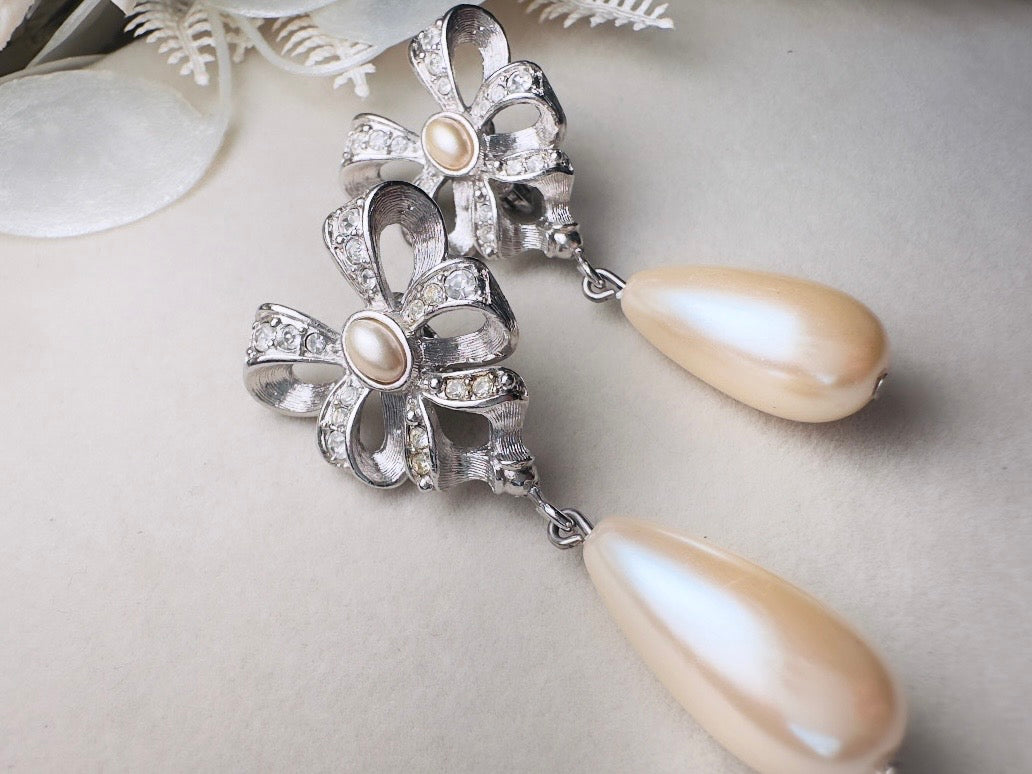 Silver Bow Earrings with Pearl Teardrops, Vintage Signed Richelieu Lolita Earrings with Crystals