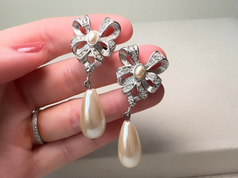 Silver Bow Earrings with Pearl Teardrops, Vintage Signed Richelieu Lolita Earrings with Crystals