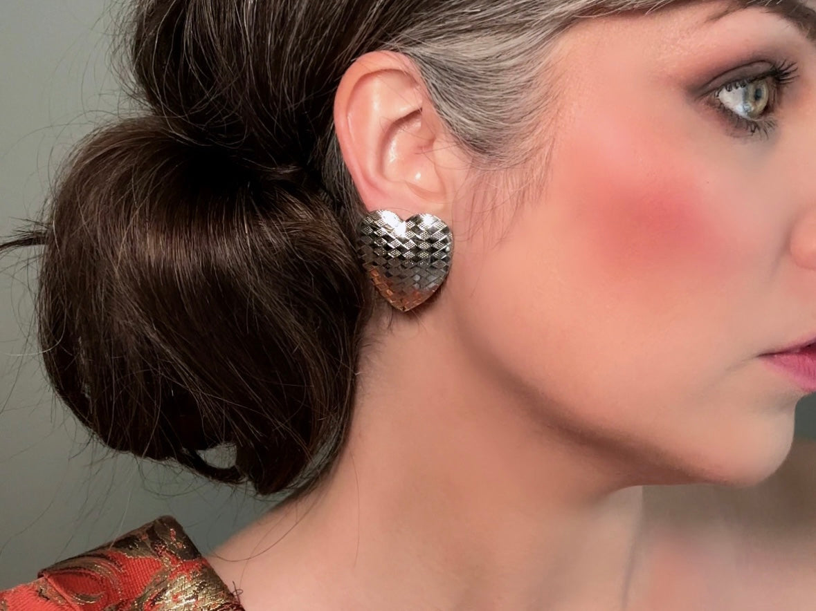 Silver Heart Earrings, 1980s Oversized Vintage Heart Earrings with Checkerboard Pattern from Piggle and Pop modelled
