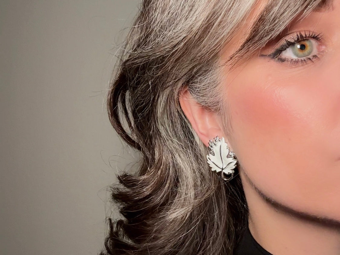 Silver Leaf Earrings, Vintage White Enamel Earrings, 1950s Whispering Leaves