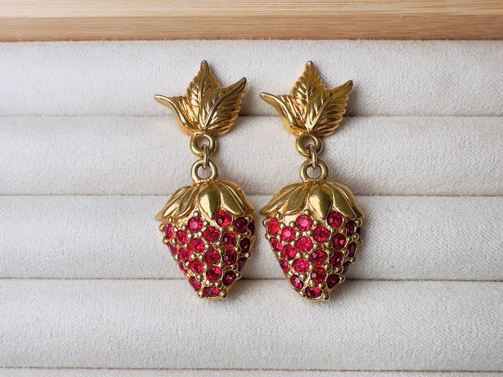 Strawberry Earrings, 90s Vintage Rhinestone Fruit Earrings with Sparkling Red Crystals