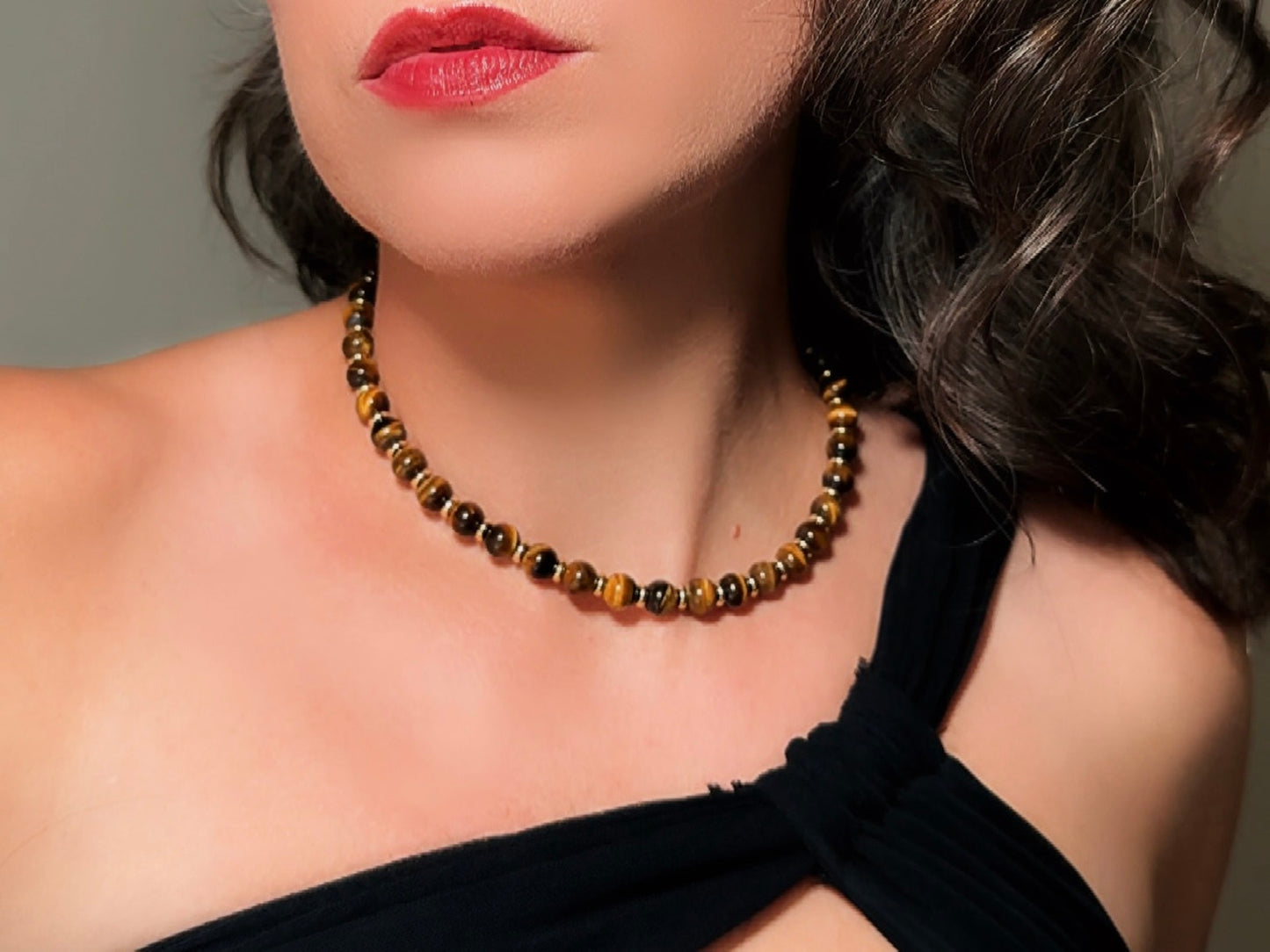 Tiger's Eye Gemstone Necklace, Handmade Beaded Necklace with Gold Statement Clasp