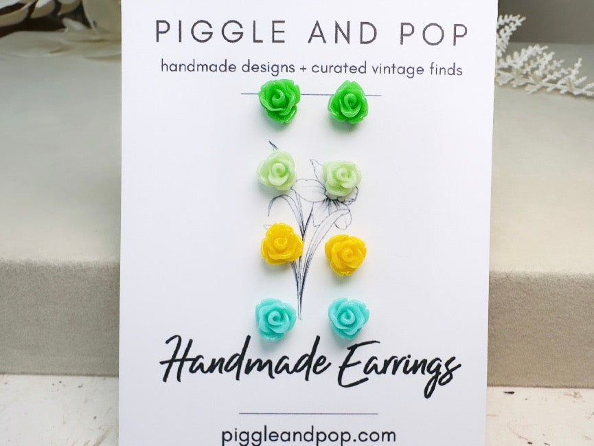 Tiny Rose Earrings in Green and Yellow, Colorful Spring Style Green Earrings