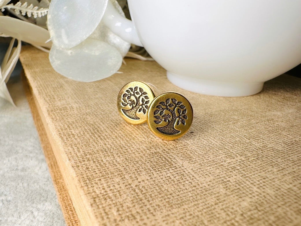 Tree of Life Earrings Stud, Small Gold Post Button Earrings, Whimsigoth Norse Mythology Yggdrasil Tree Jewelry
